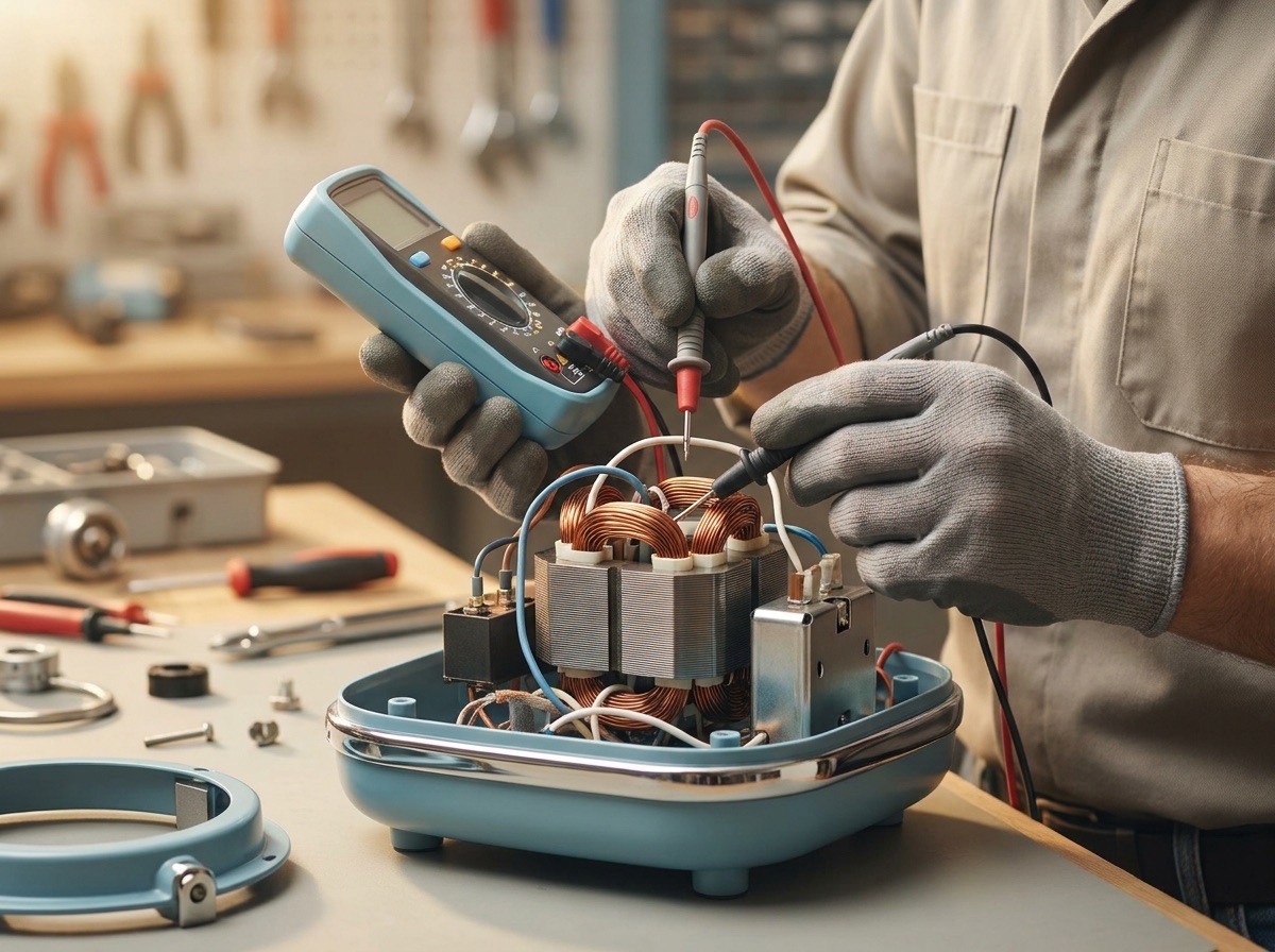 A technician's gloved hands holding a multimeter against refrigerator condenser coils