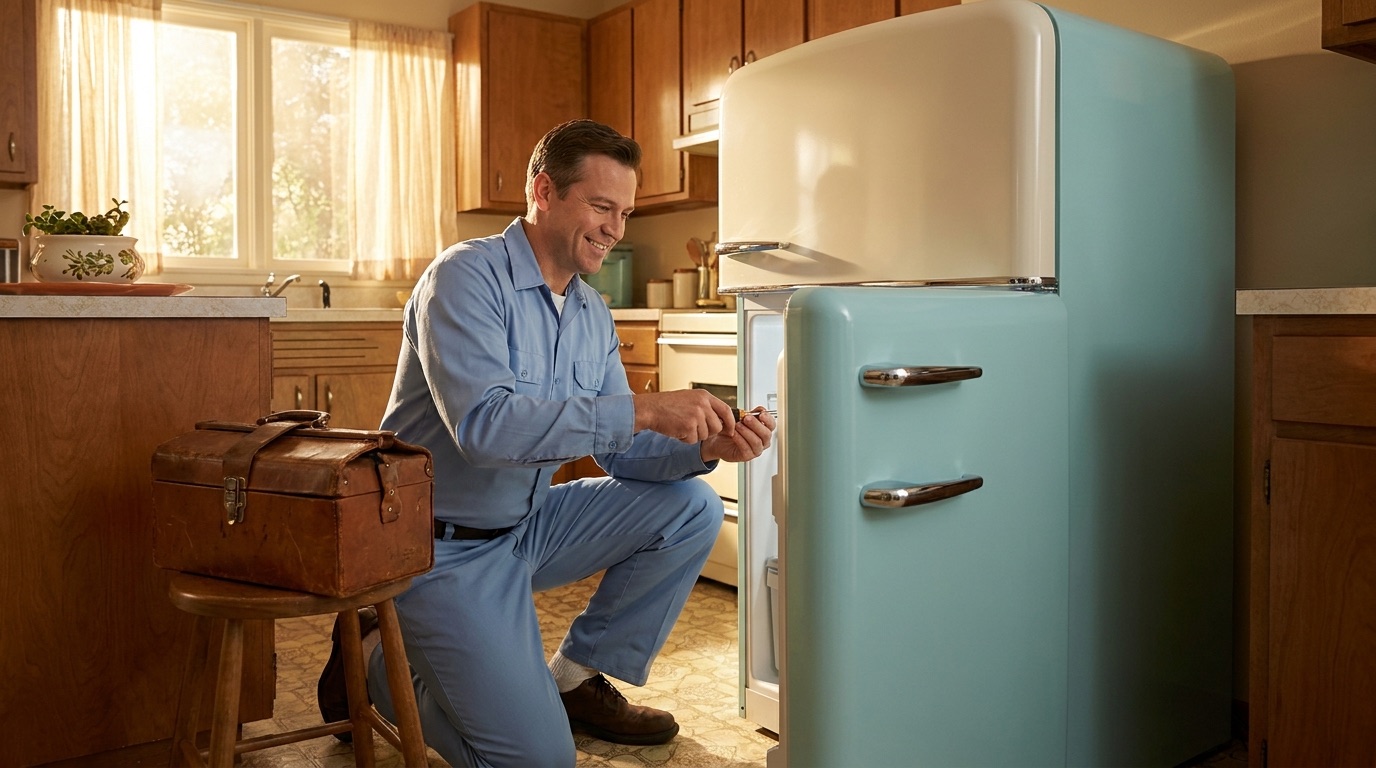 TipTop technician in a mid-century Pasadena kitchen, kneeling beside an open retro-style refrigerator with a toolkit open on the tile floor